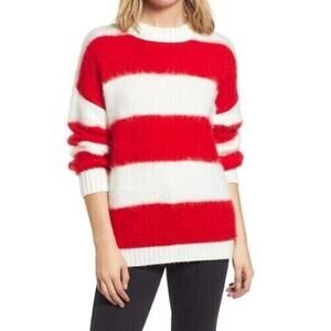 BP. Womens Oversized Brushed Pullover Sweater in Ivory Red Ava Stripe 2XS $59